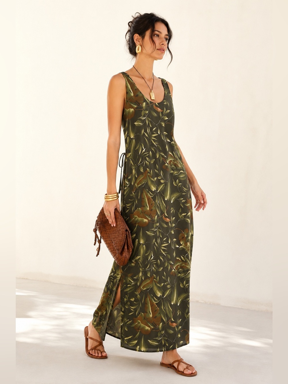 Vintage 90s Tropical Botanical Tie Back Maxi Dress Jessica Sz 14